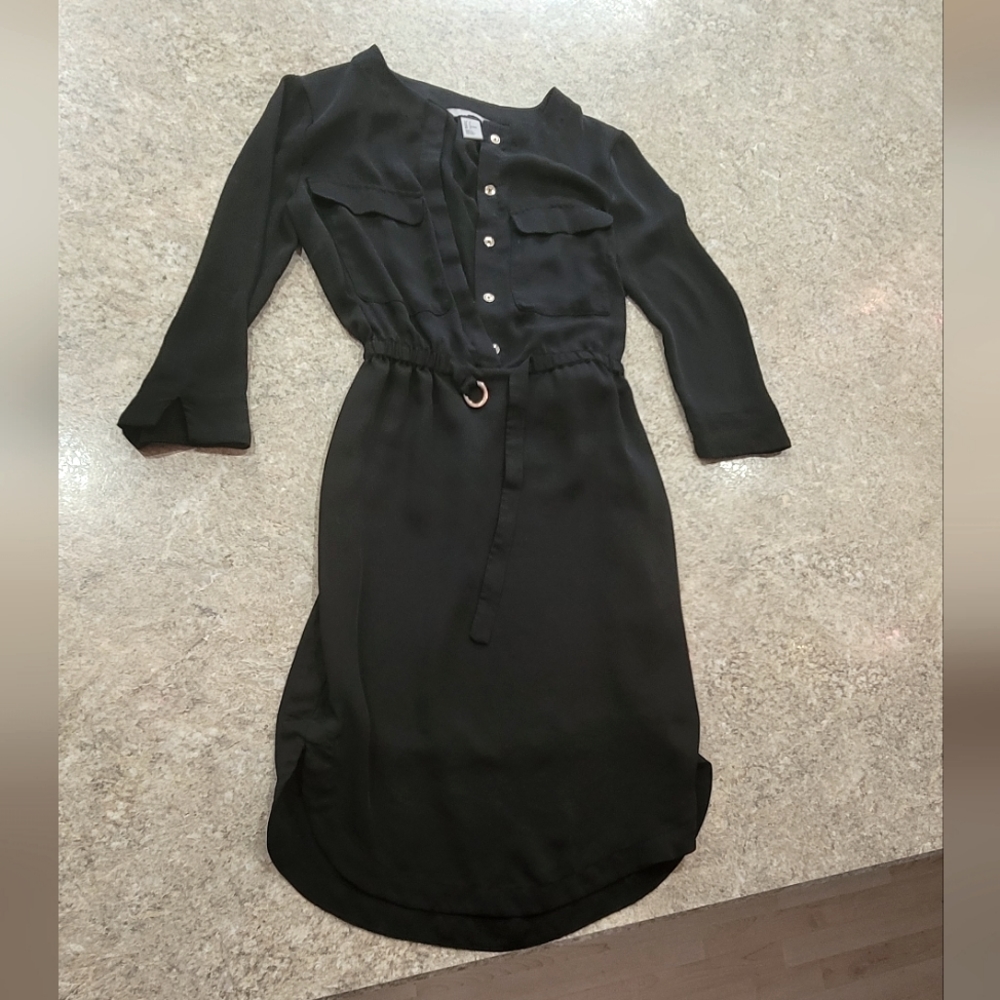 Curved hem 3/4th sleeve black satin-feel shirt dress with gold tone hardware